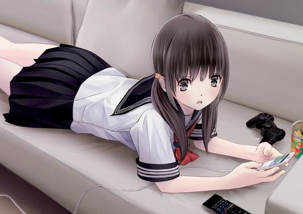 anime Girls, School Uniform, Controllers, Couch, Twintails,