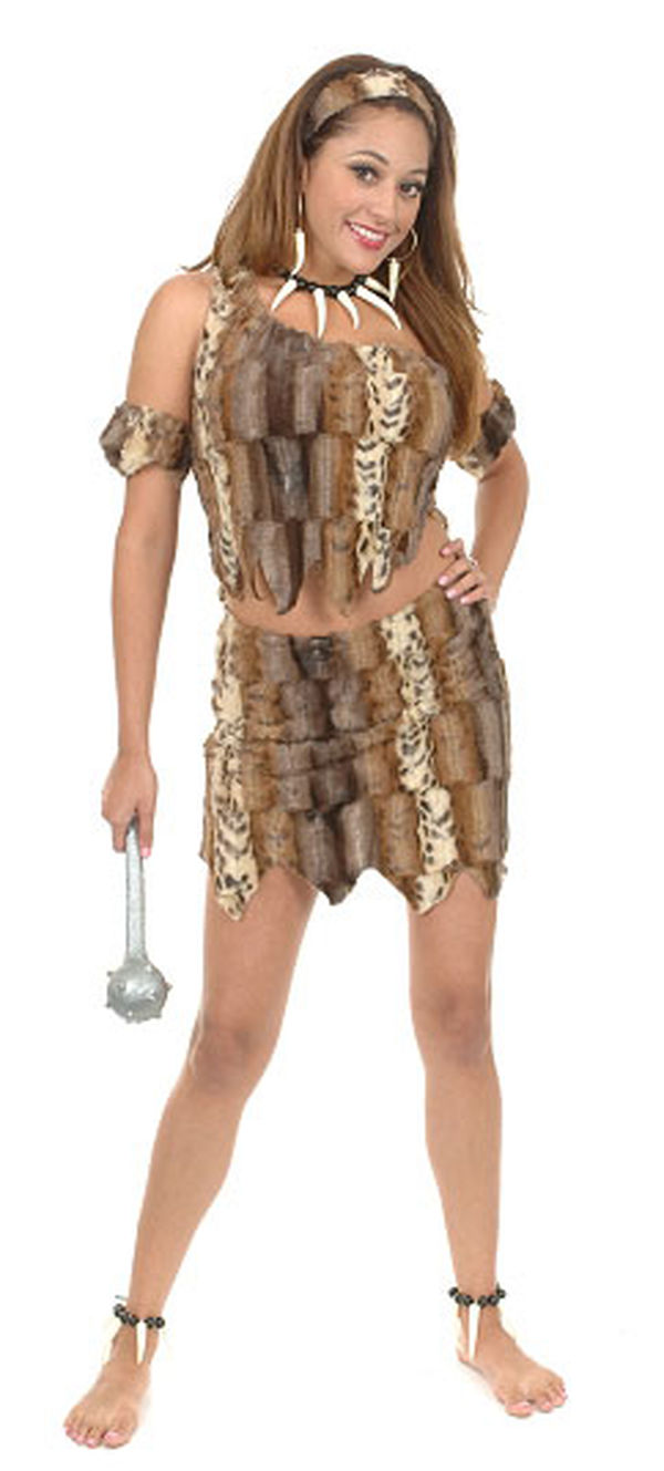 Caveman costume and witch doctor accessories.