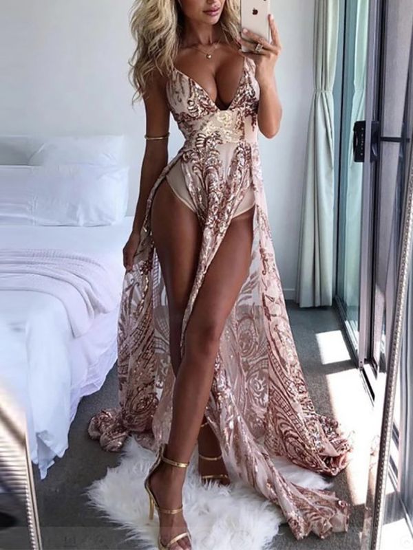 Sexy Deep V Sling Sequins Evening Dress- Bioinner