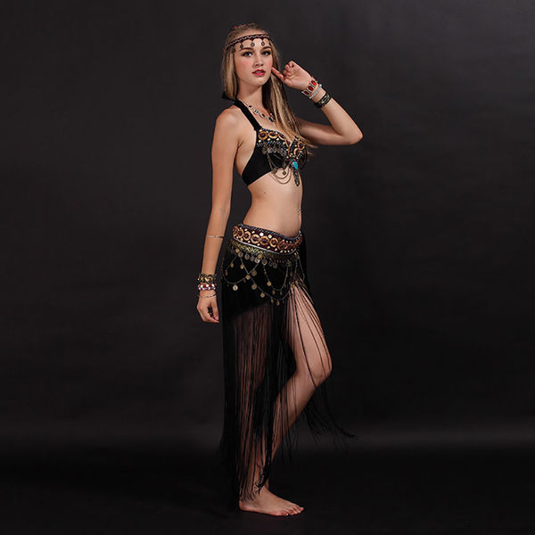 Sexy Belly Dance Costume For Ladies Black Fringe Bra+Belt Co