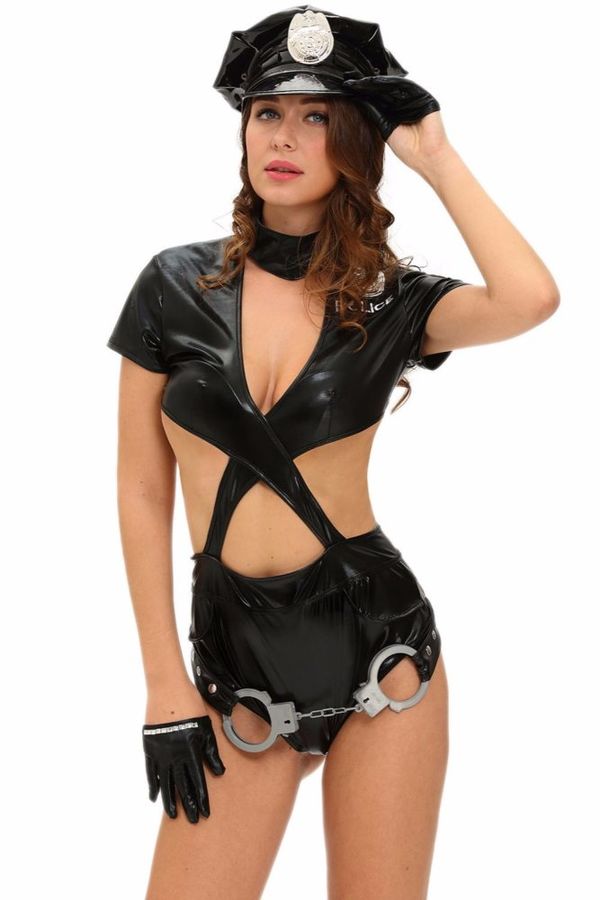 Police Woman Cop Halloween Costume Leather Bodysuit erotic w