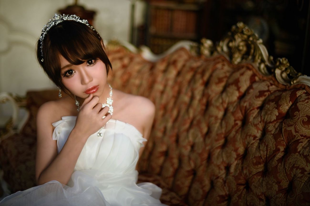 Asian Bride Brown Eyes Brunette Girl Model Wedding Dress Whi