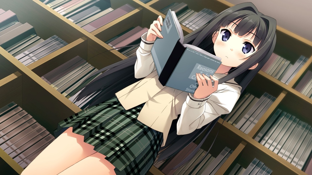 Обои Аниме девушка читает книгу в библиотеке 640x960 iPhone