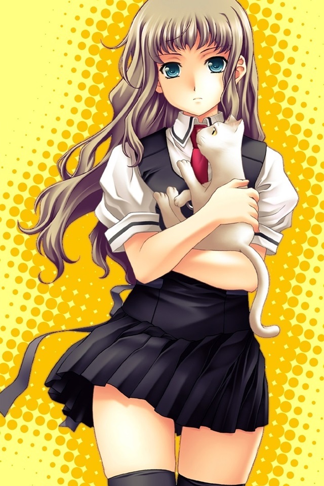 Blue eyes anime girl hug a pet cat 640x1136 iPhone 55S5CS